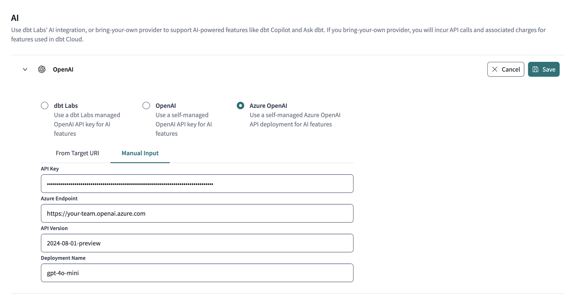 Example of Azure OpenAI integration section